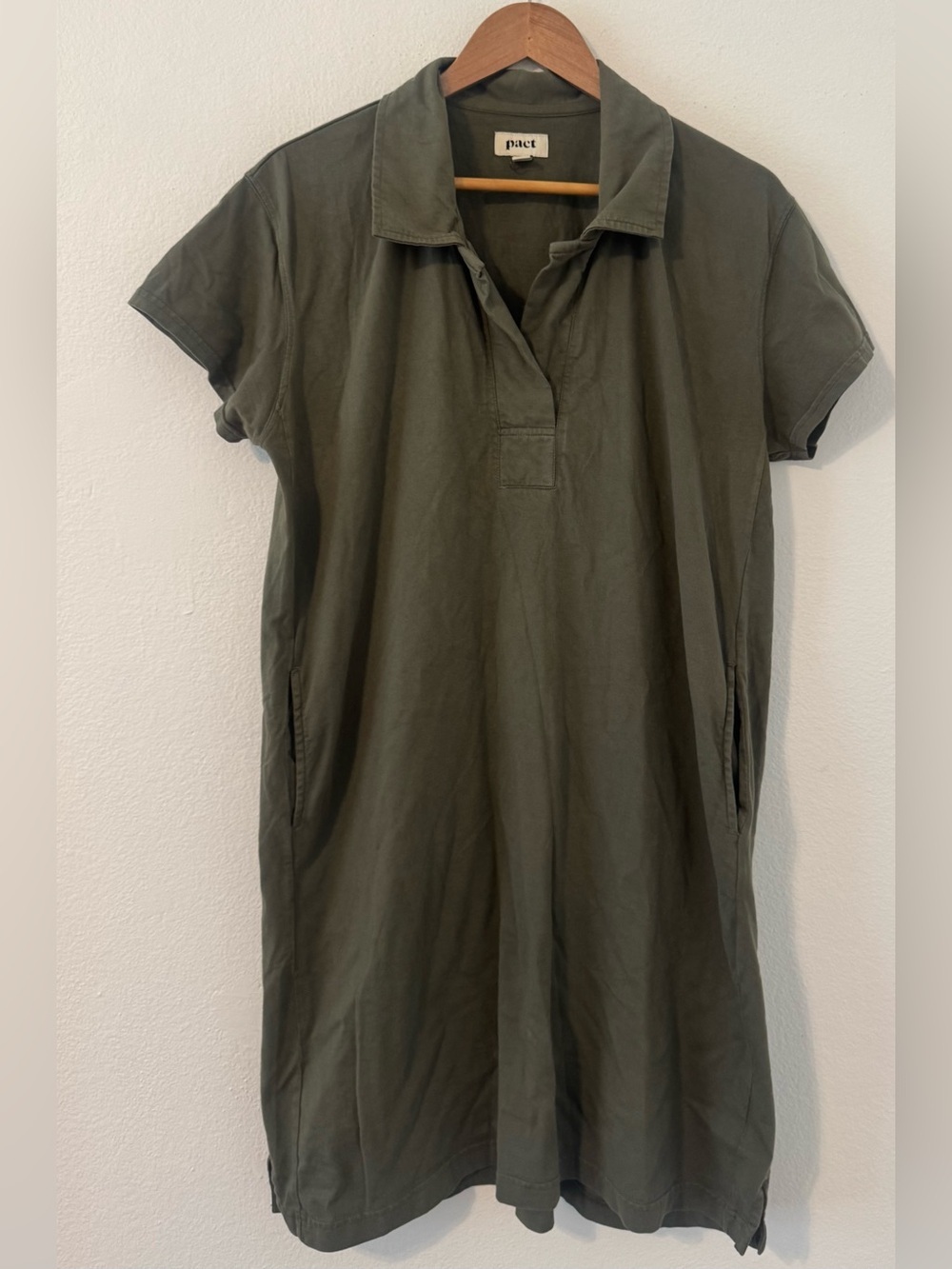 Pact Organic Cotton Polo Collared Shirt Dress Olive Green Pockets Sustainable XL